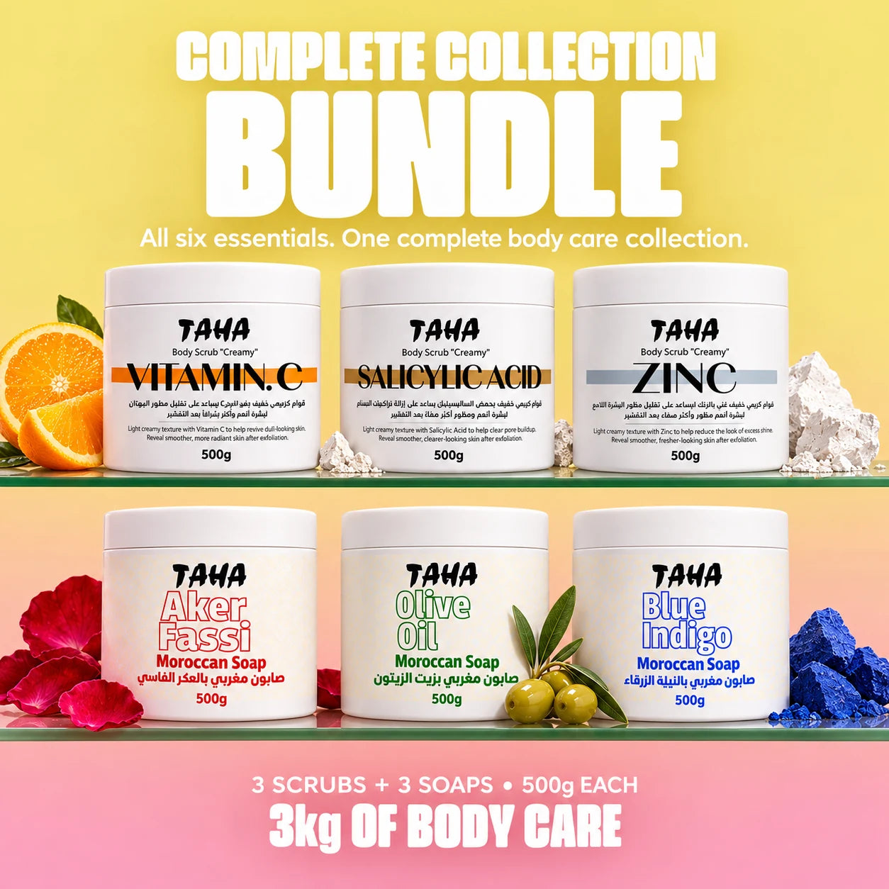 TAHA collection: three creamy body scrubs and three Moroccan soaps